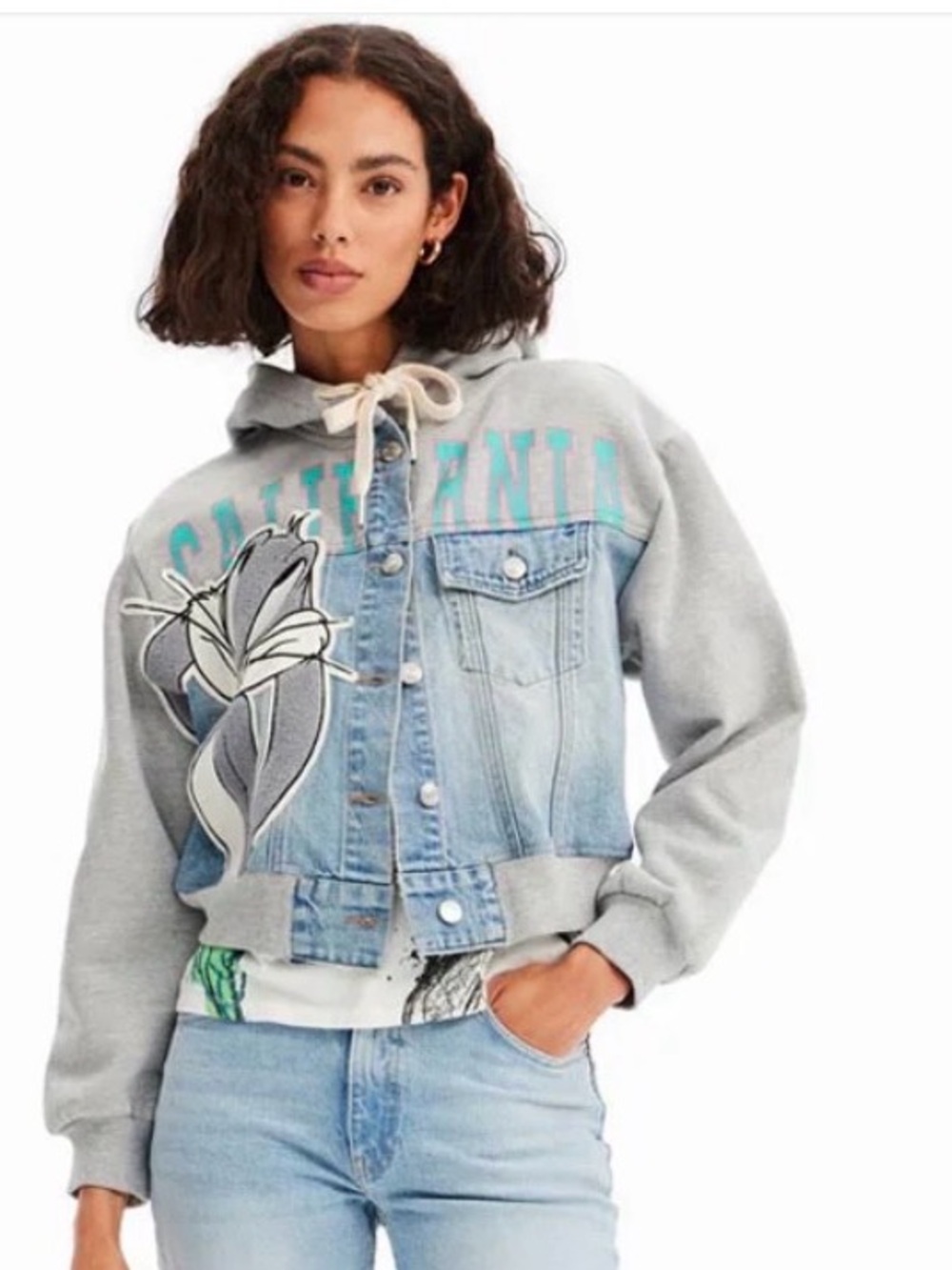 Desigual Grey & Bugs Bunny  Patchwork Denim Hoodie